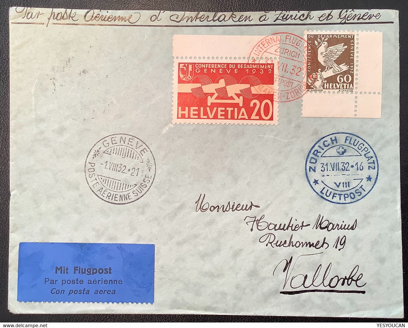 1932 Sonderflug SELTENE VARIANTE Interlaken-Zürich+GENÉVE! POSTE AÉRIENNE SUISSE (Schweiz Erstflug Brief First Flight - Briefe U. Dokumente