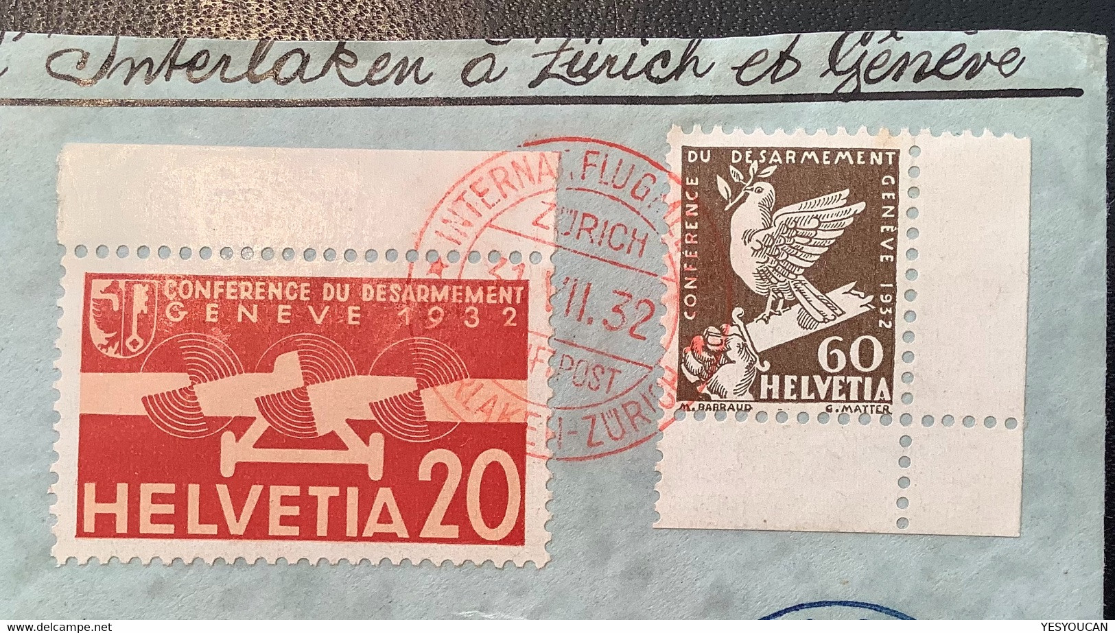 1932 Sonderflug SELTENE VARIANTE Interlaken-Zürich+GENÉVE! POSTE AÉRIENNE SUISSE (Schweiz Erstflug Brief First Flight - Briefe U. Dokumente