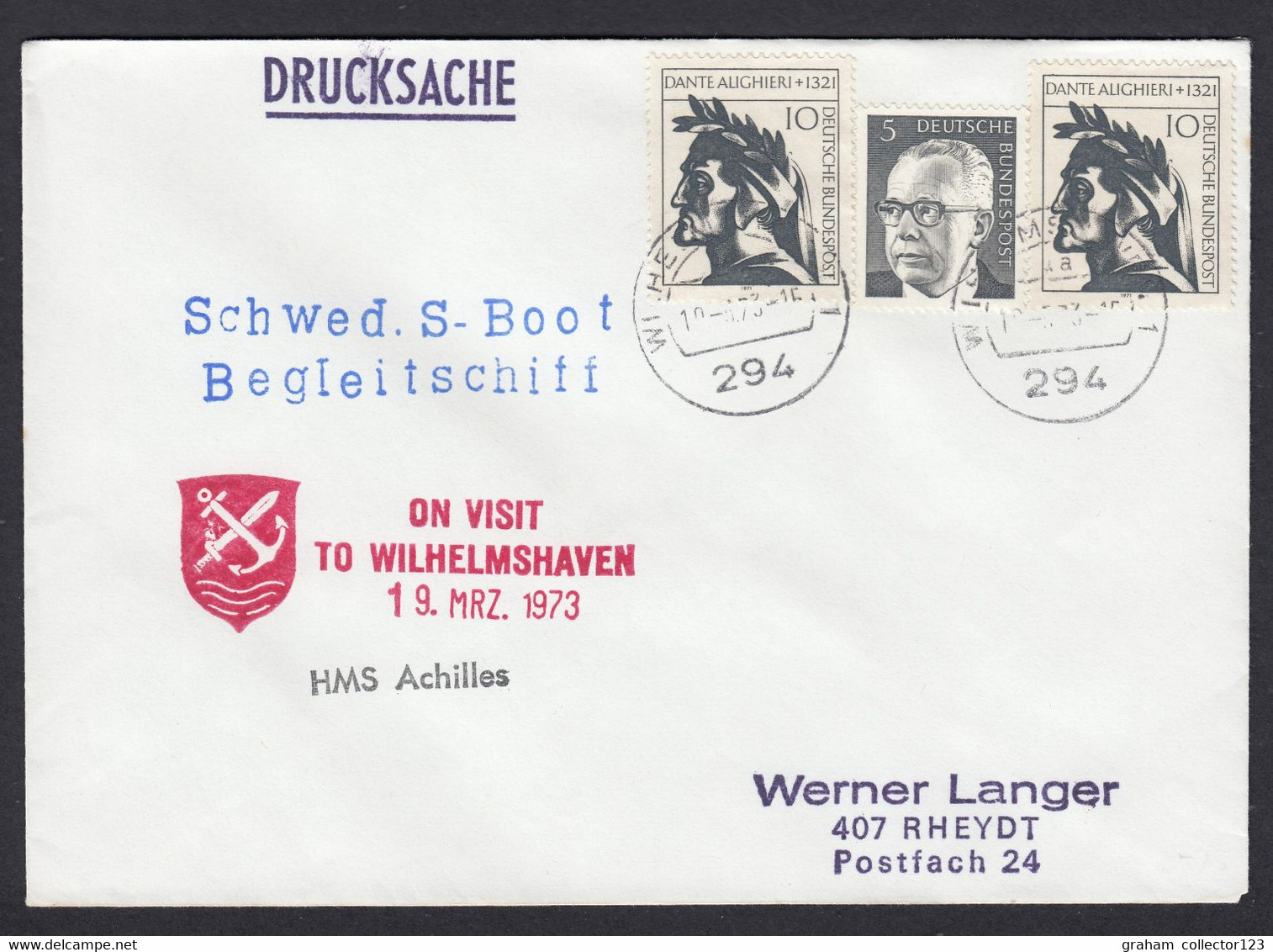 1973 Wilhemshaven Visit Cover HMS Achilles Cachet Displaying Three Deutsche Bundespost Stamps German - Covers & Documents