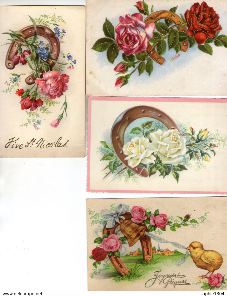 Lot De 8 Cartes - Fleurs - Fer à Cheval - Poussin - Roses - Violettes - Vive St Eloi - Joyeuses Pâques - Collections & Lots