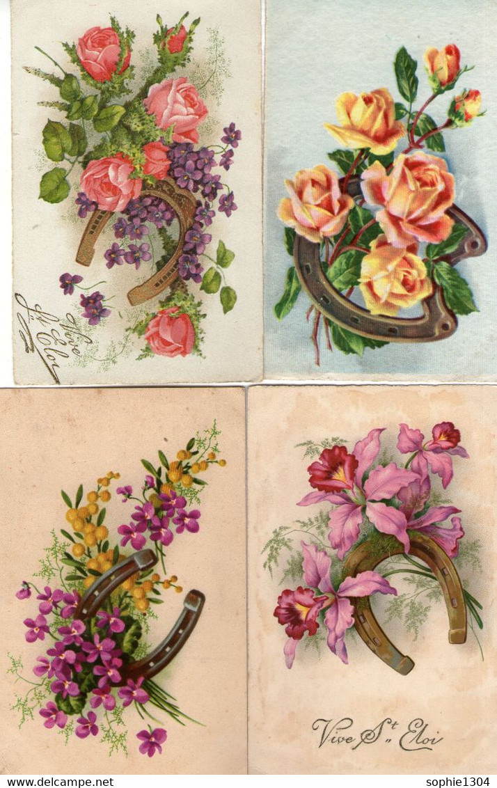 Lot De 8 Cartes - Fleurs - Fer à Cheval - Poussin - Roses - Violettes - Vive St Eloi - Joyeuses Pâques - Collections & Lots