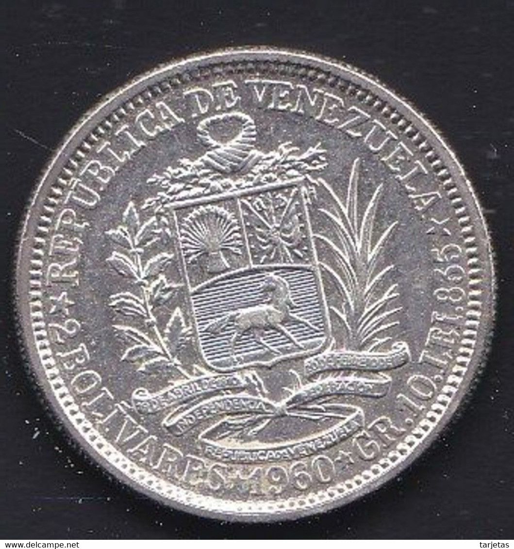 MONEDA DE PLATA DE VENEZUELA DE 2 BOLIVARES DEL AÑO 1960 (COIN) SILVER-ARGENT - Venezuela