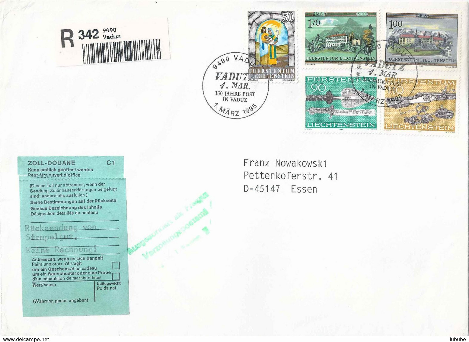 R Brief  "150 Jahre Post In Vaduz" - Essen  (Zolletikette/-stempel)        1995 - Briefe U. Dokumente