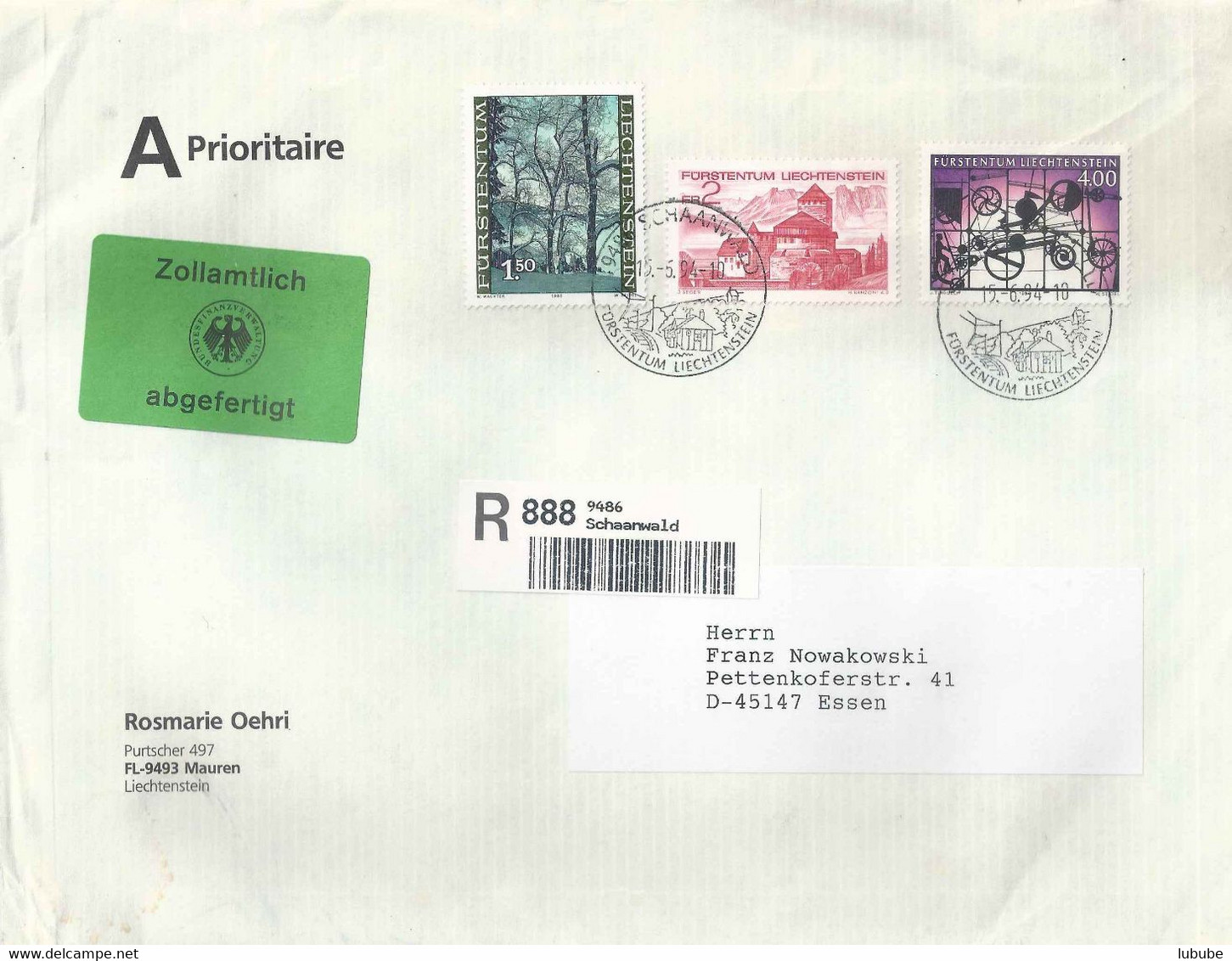 R Brief  Schaanwald - Essen  (Zollamtlich Abgefertigt)        1994 - Storia Postale