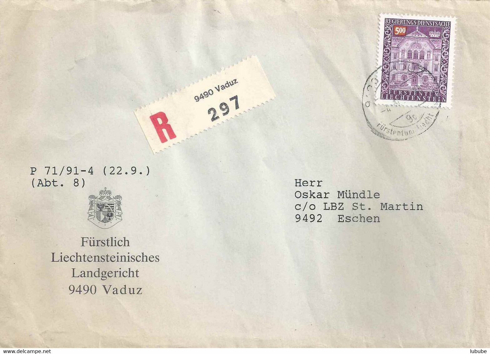 R Brief  "Fürstliches Landgericht, Vaduz" - Eschen         1991 - Briefe U. Dokumente