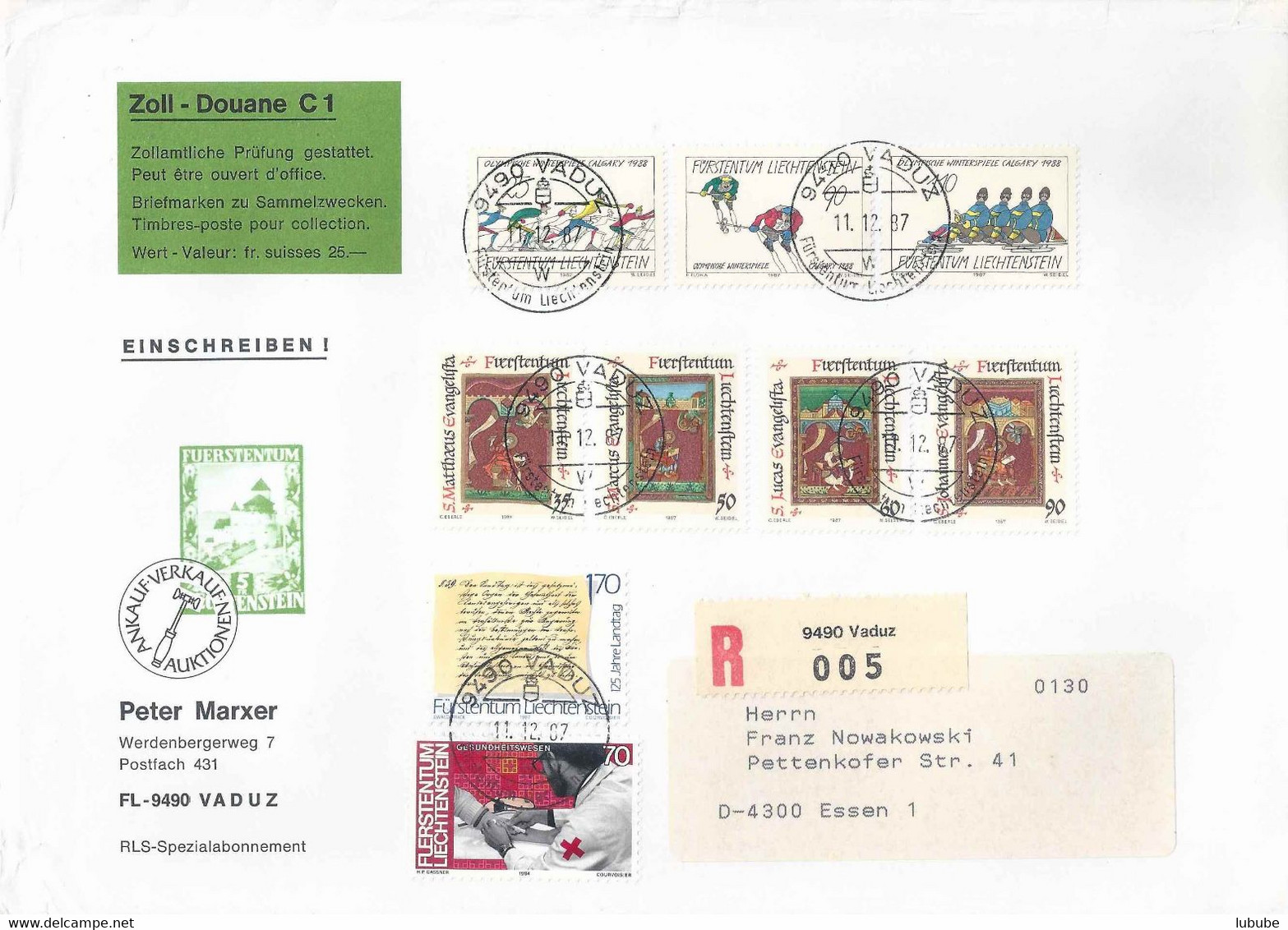 R Brief  "Marxer, Vaduz" - Essen  (Zolletikette)         1987 - Briefe U. Dokumente