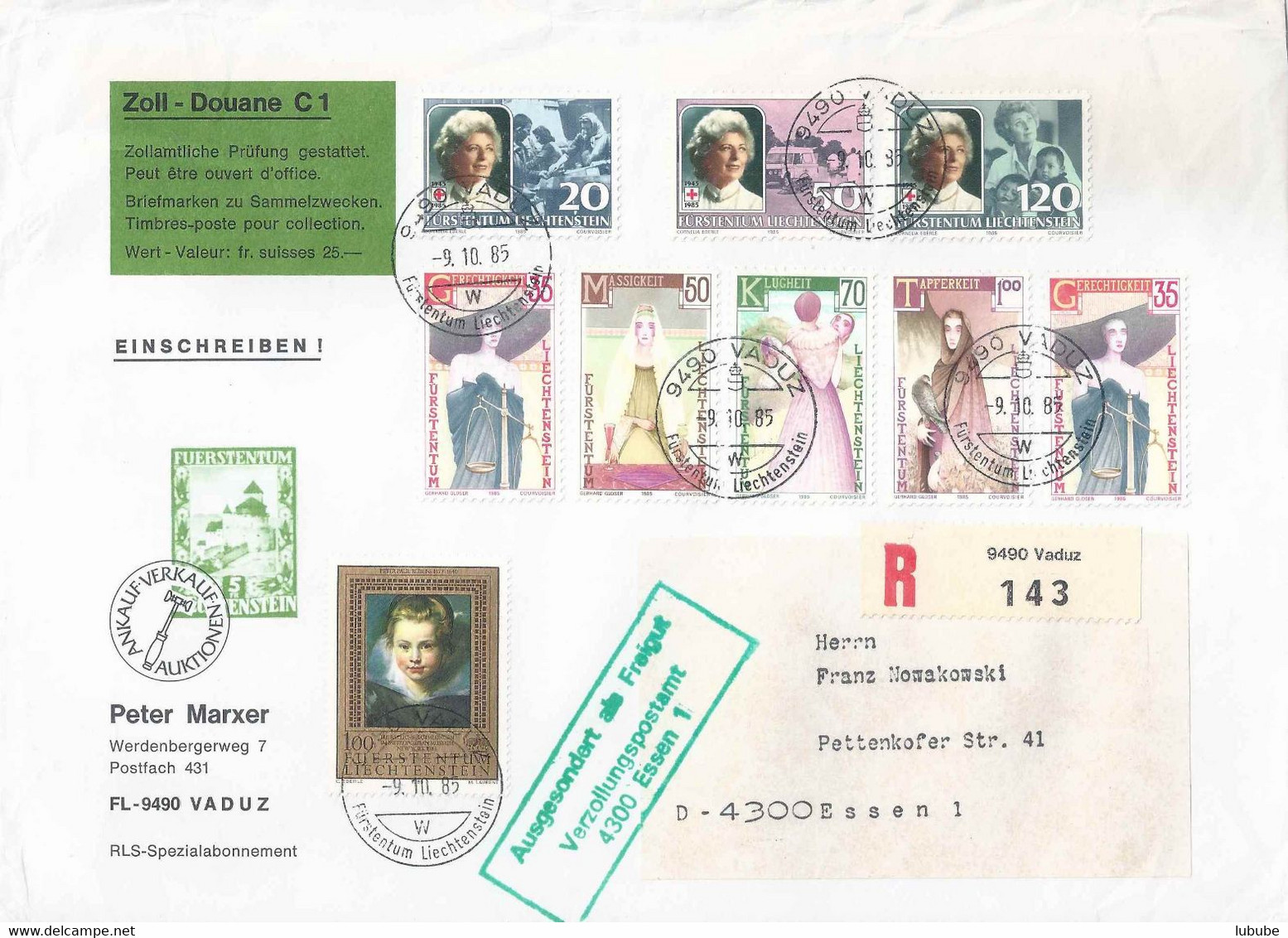 R Brief  "Marxer, Vaduz" - Essen  (Zolletikette/Zusatzstempel)         1985 - Briefe U. Dokumente