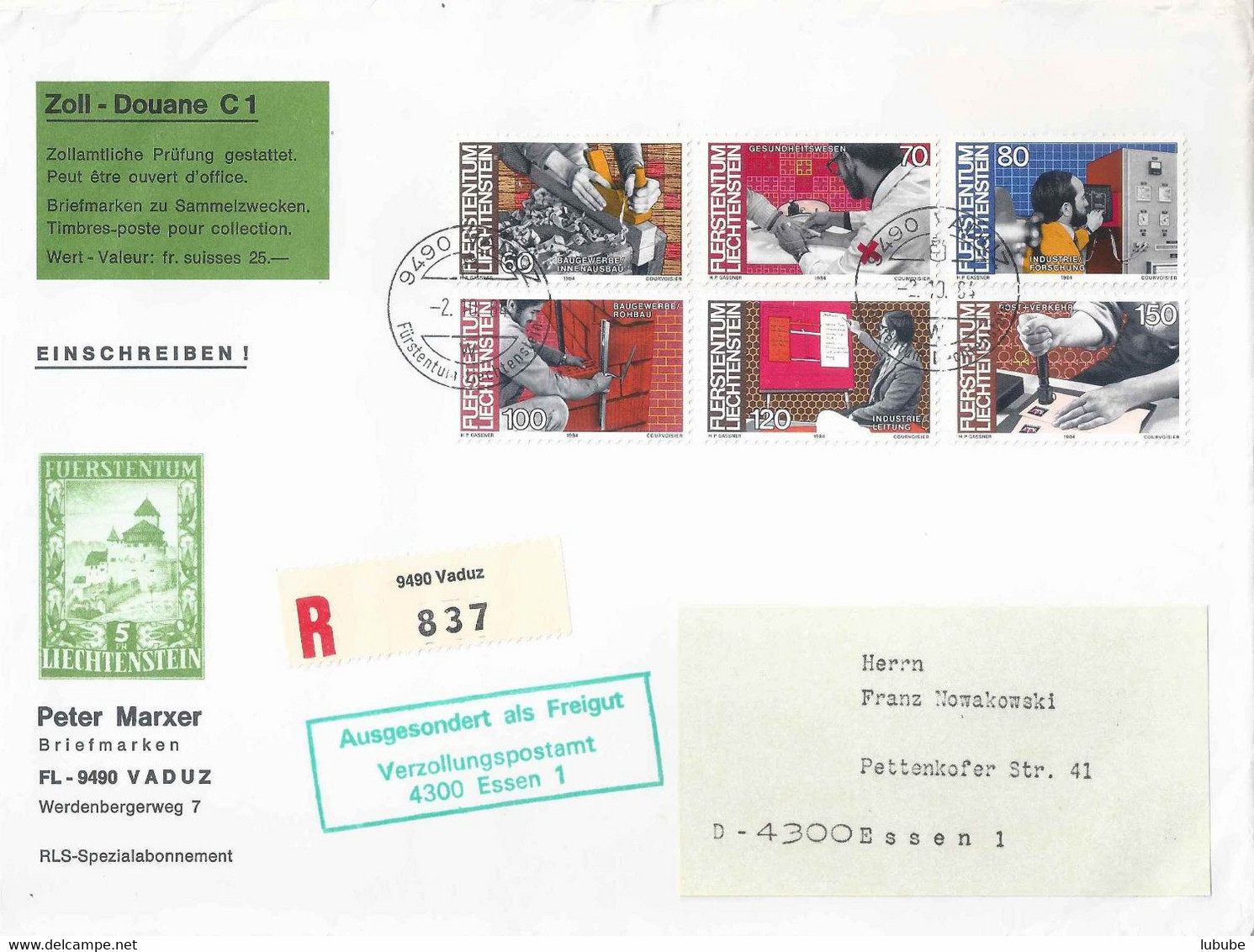 R Brief  "Marxer, Vaduz" - Essen  (Zolletikette/Zusatzstempel)         1984 - Cartas & Documentos