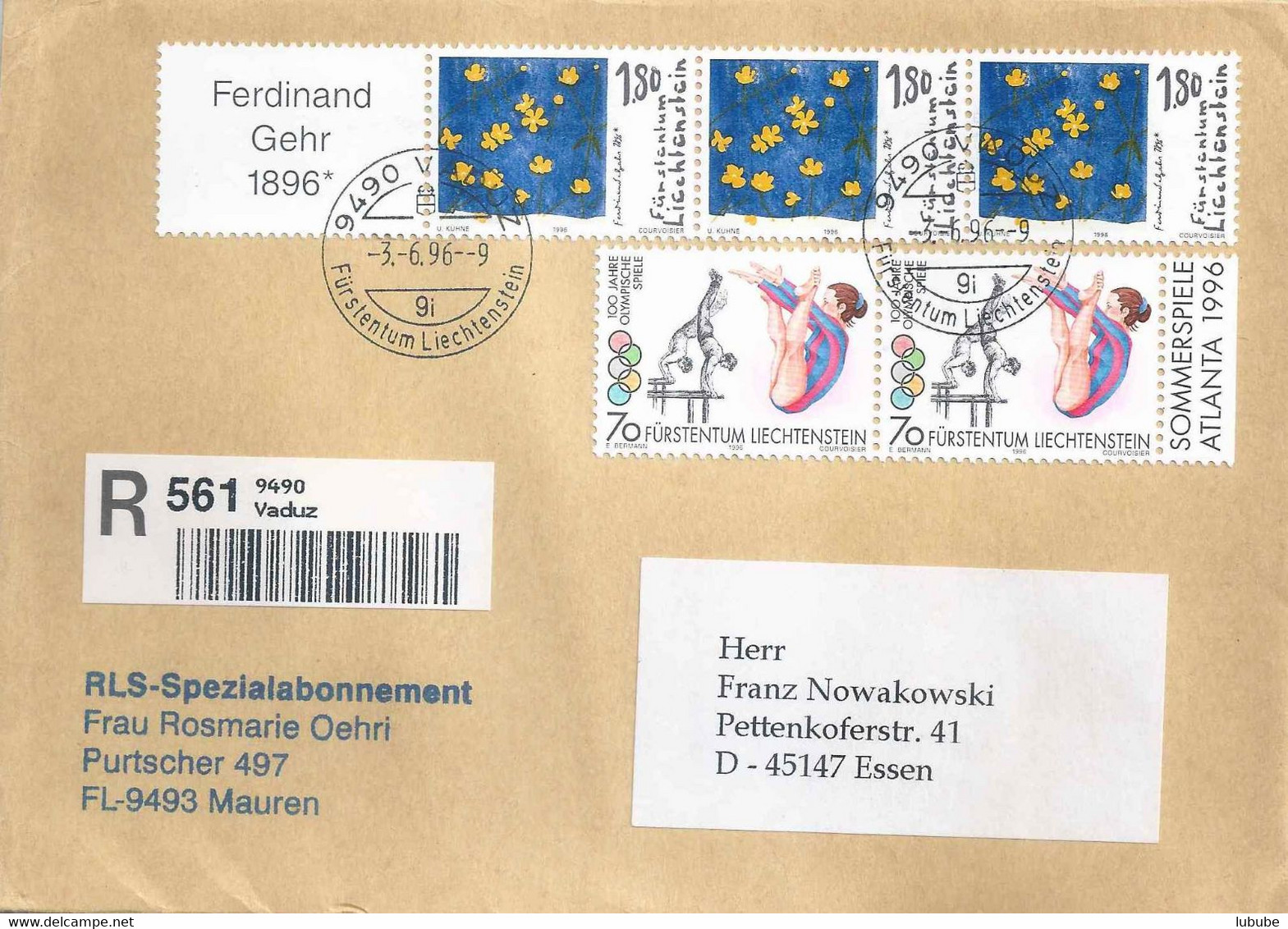 R Brief  Vaduz - Essen        1996 - Lettres & Documents