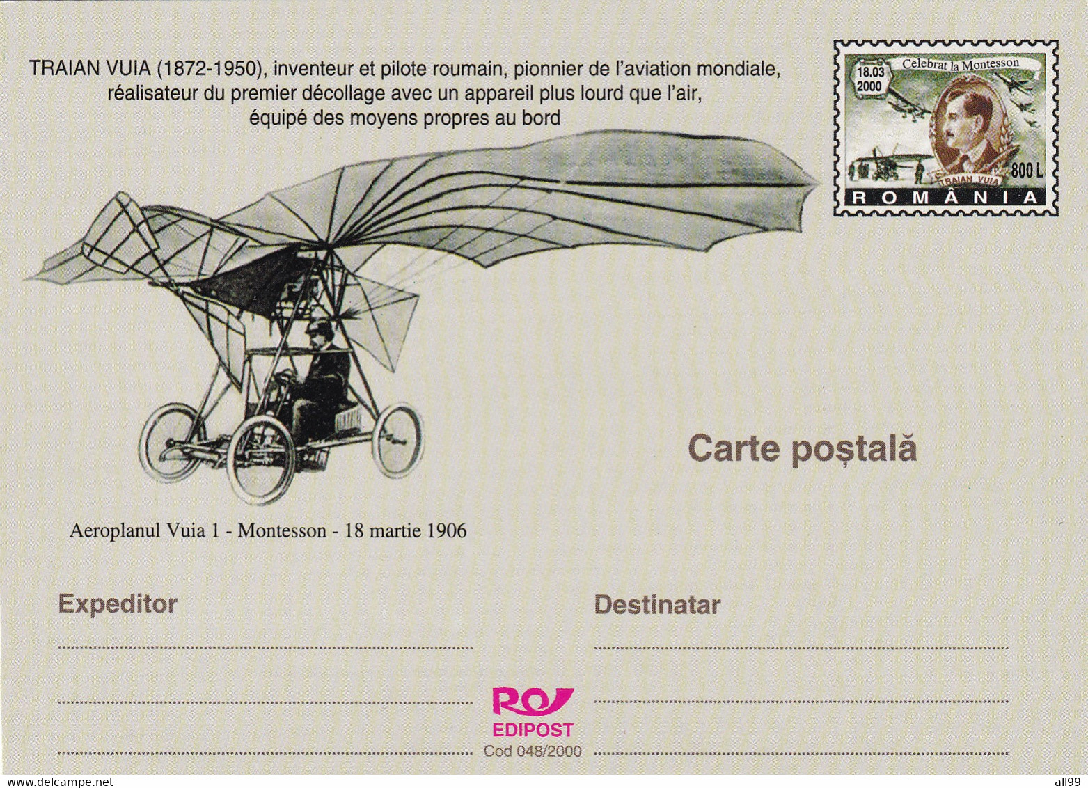 A23149 - TRAIAN VUIA INVENTEUR ET PILOTE ROUMAIN L. AVIATION MONDIALE  POSTAL STATIONERY UNUSED ROMANIA 2000 - Montgolfier