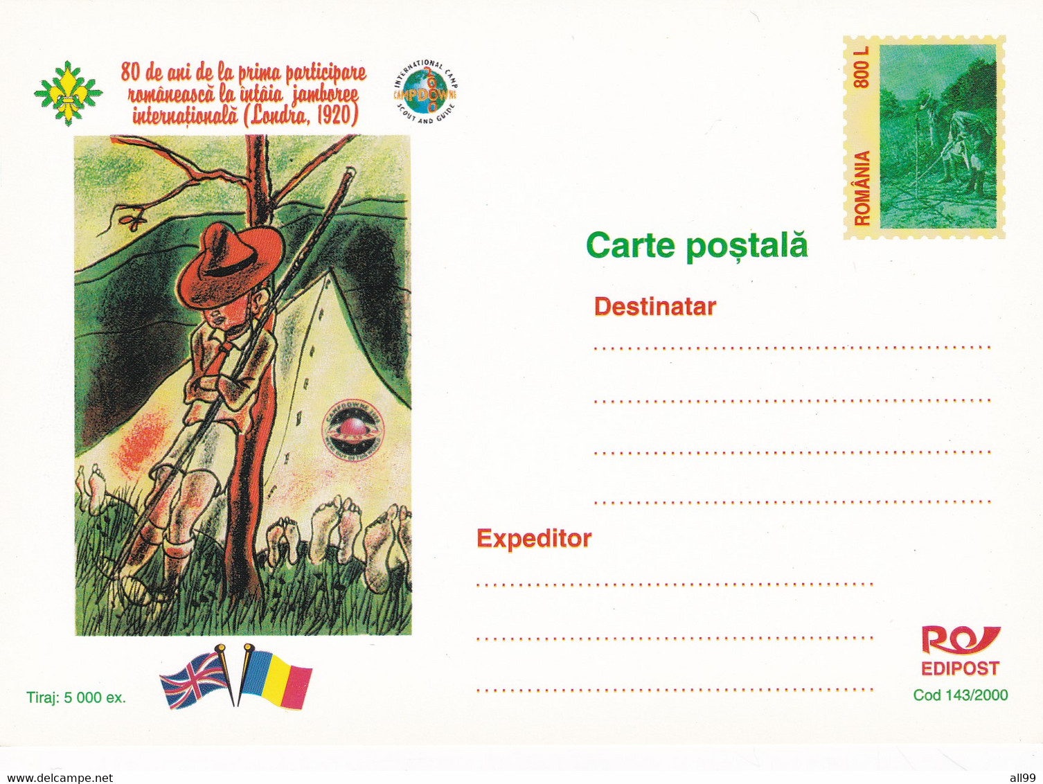 A23166 - ROMANIA SCOUTS ANGLIA LONDRA 1920  POSTAL STATIONERY UNUSED ROMANIA 2000 - Autres & Non Classés