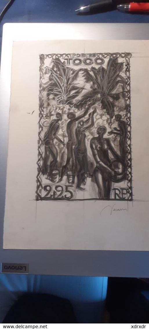 Togo - Unique Original Artwork For An Unissued Stamp - Lavis Et Crayon - Dessin Original Albert Decaris Fruits, Palm - Dessins