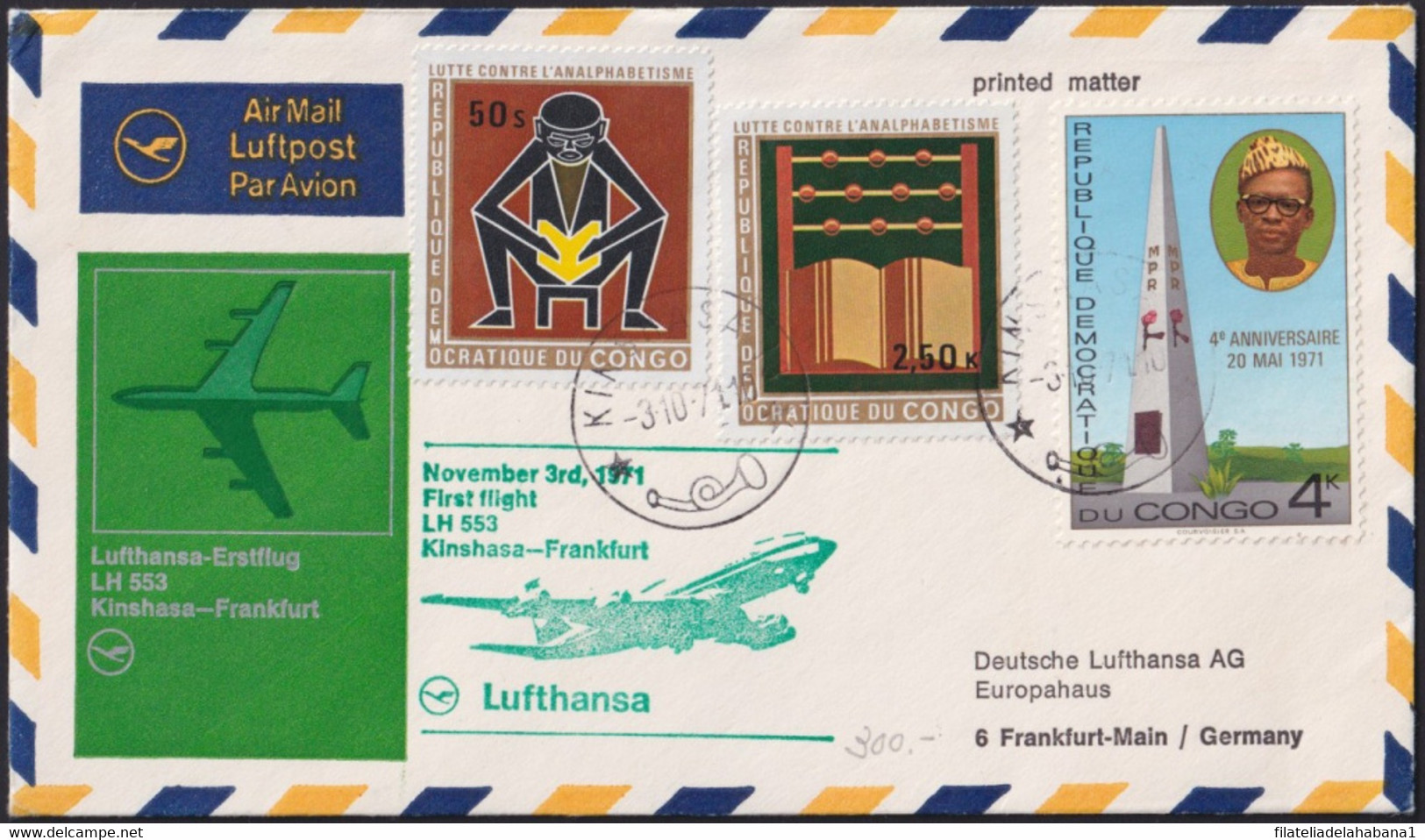 F-EX39528 CONGO 1971 FIRST FLIGHT KINSHASA – FRANKFURT GERMANY LUFTHANZA. - FDC