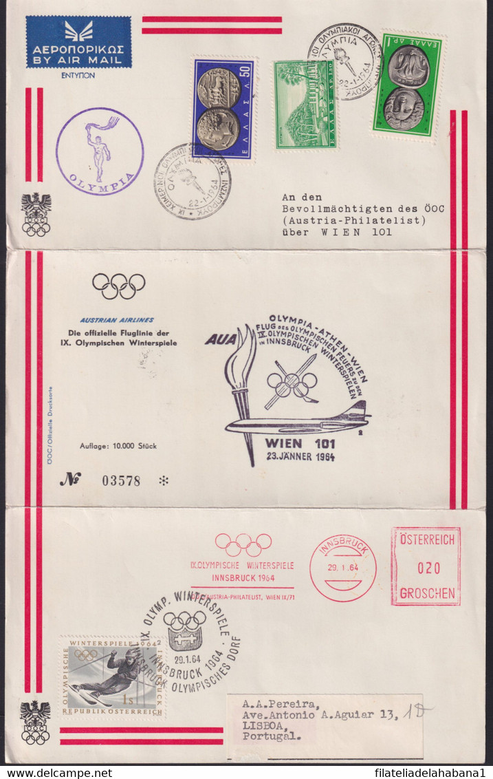 F-EX39513 GREECE 1964 OLYMPIC GAMES FLIGHT OLYMPIA – AUSTRIA INNSBRUCK. - Brieven En Documenten