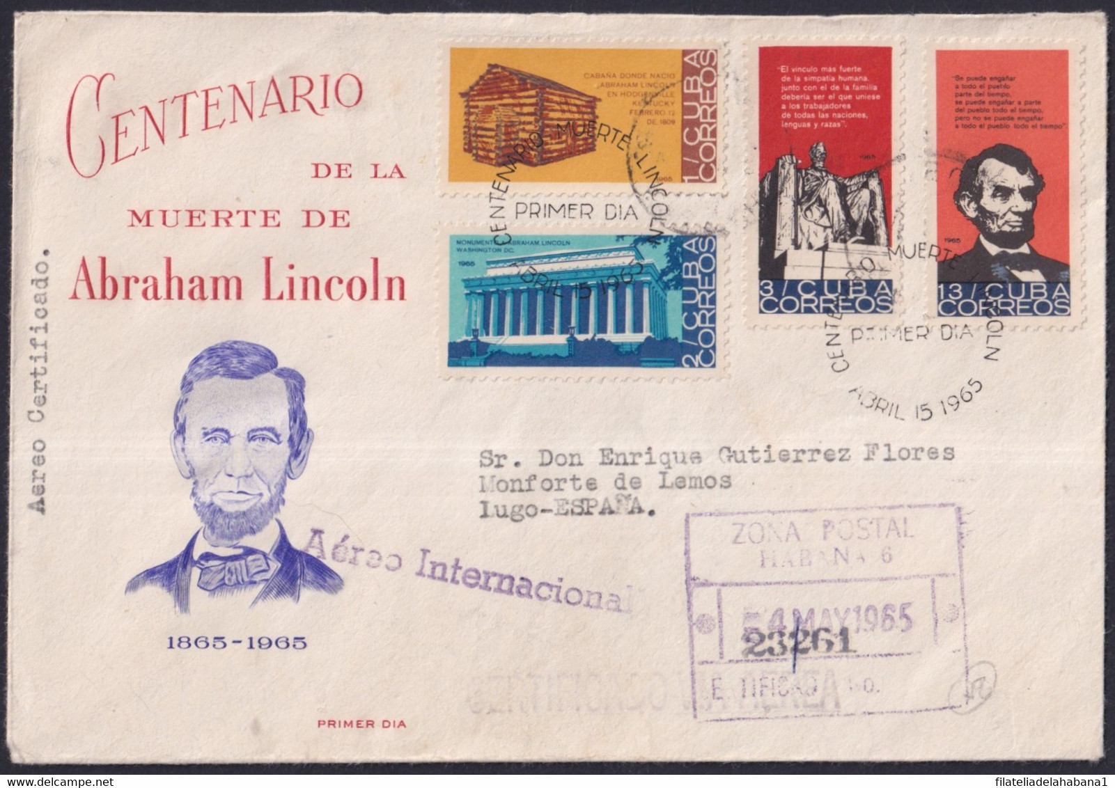 1965-FDC-96 CUBA 1965 FDC ABRAHAM LINCOLN REGISTERED COVER TO ESPAÑA SPAIN. - Storia Postale