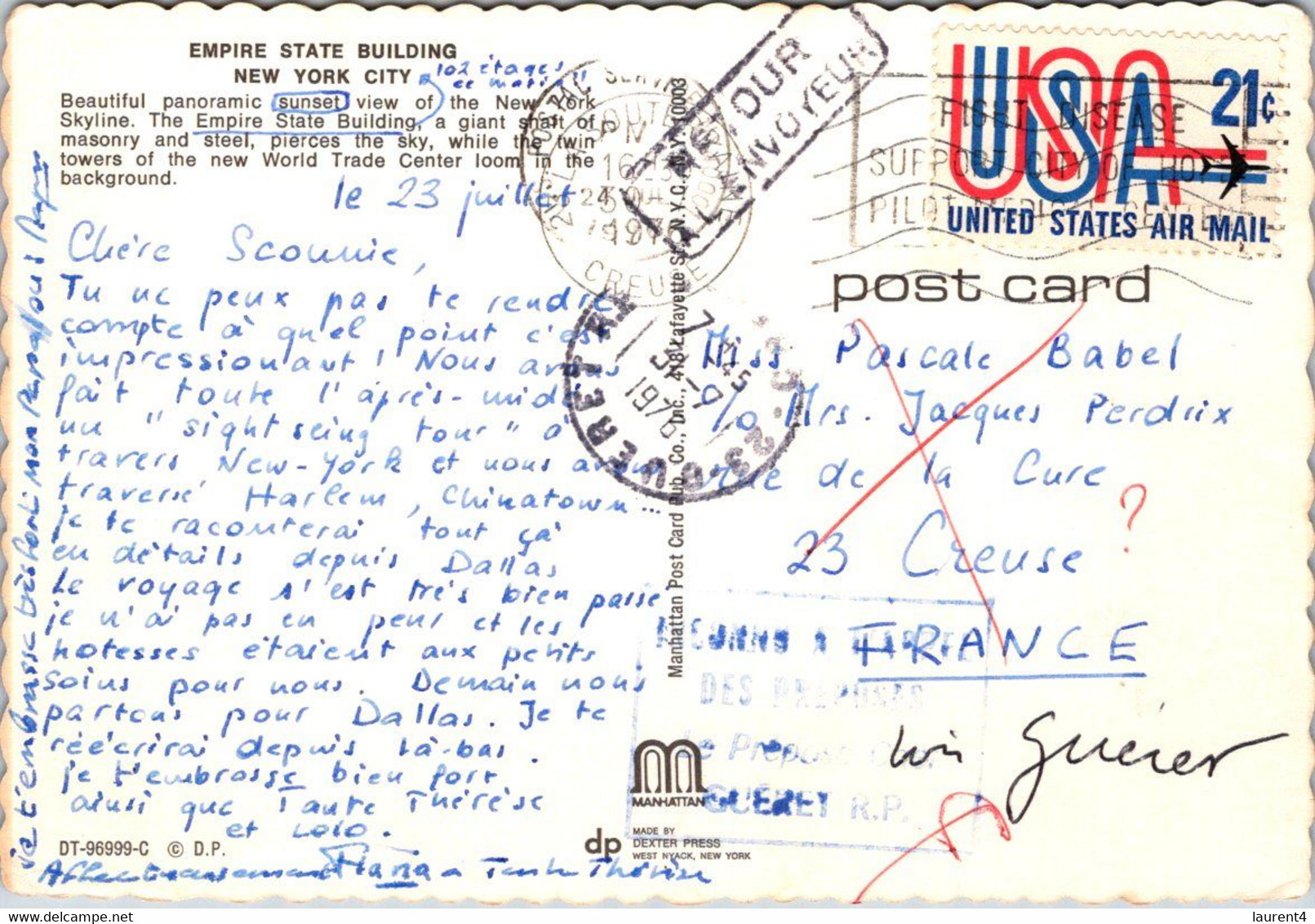 (2 Oø 12) USA Posted To France - Empire State Building (posted 1976) RTS - Return To Sender - Retour A L'Envoyeur - Empire State Building