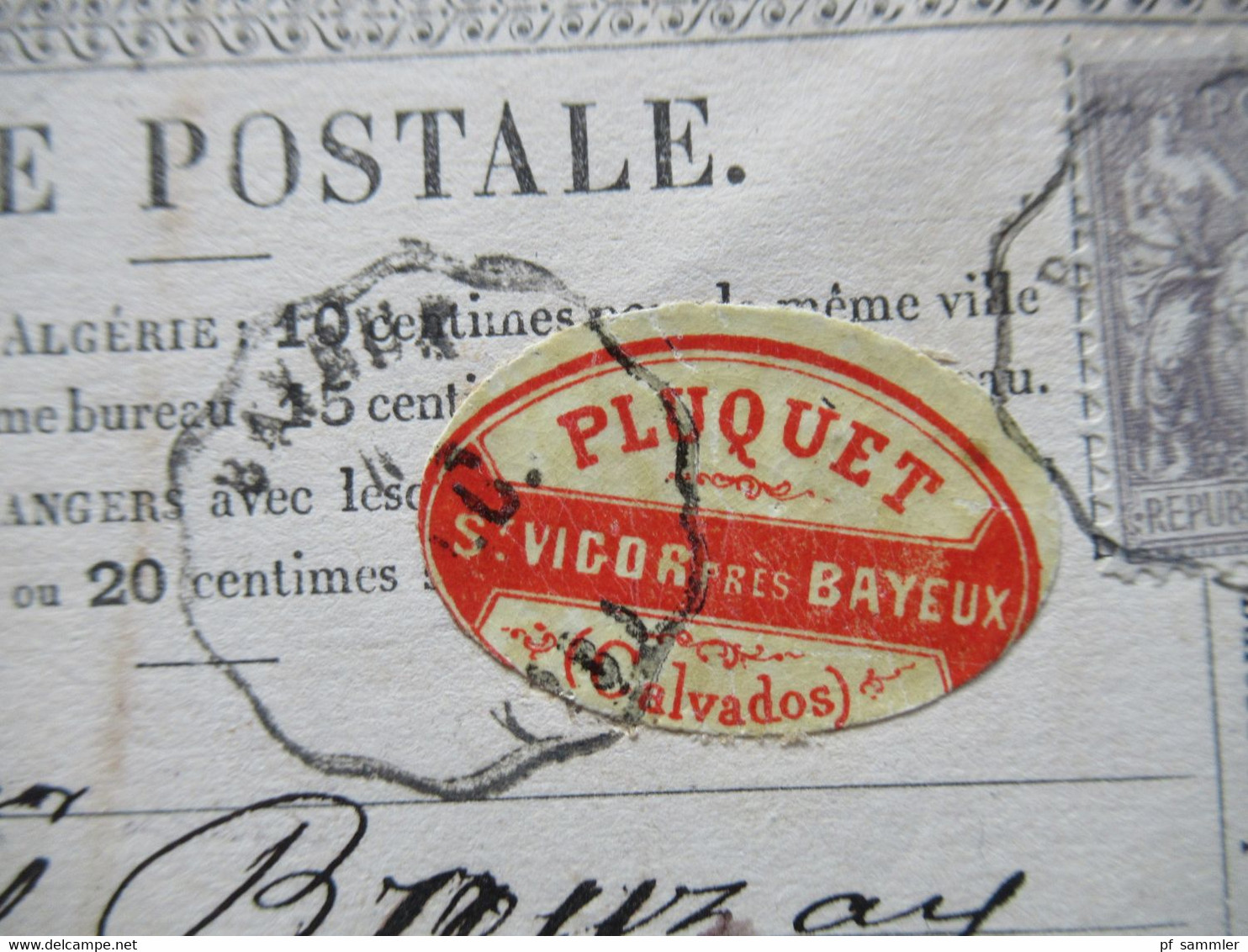 4.7.1876 Frankreich Sage Mi.Nr.61 I EF Auf Carte Postale Convoyeur Station CH.C Firmenaufkleber Pluquet Calvados - 1876-1878 Sage (Type I)