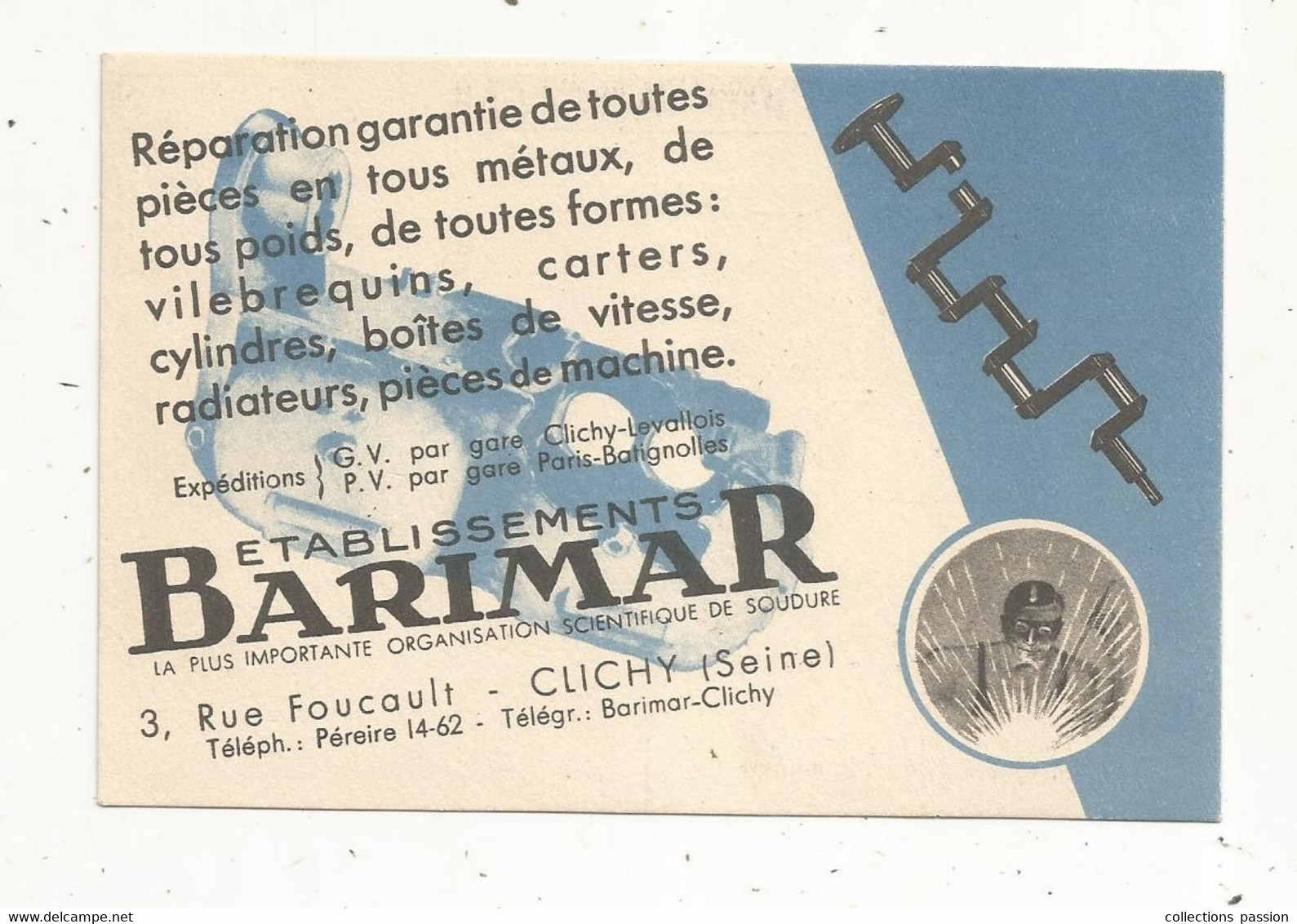 Cp ,publicité ,imprimé , établissements BARIMAR ,  CLICHY ,  Seine ,  Voyagée ,type Carte De Visite ,  2 Scans - Publicidad