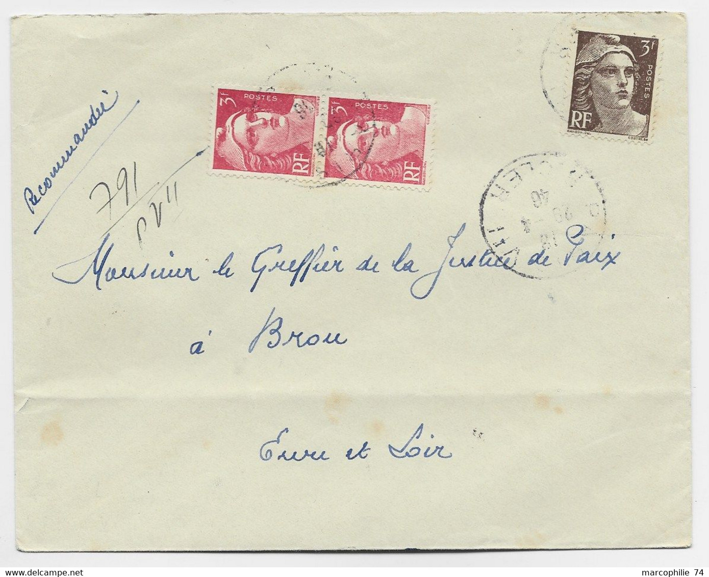 FRANCE GANDON 3FR ROSE PAIRE MIXTE 3FR BRUN LETTRE REC PROVISOIRE PARIS 1946 AU TARIF - 1945-54 Maríanne De Gandon