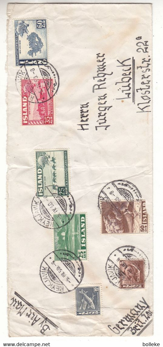 Islande - Lettre De 1950 - Oblit Reyjavik - U.P.U. - Volcans - Carte D' Islande - Poissons - - Briefe U. Dokumente