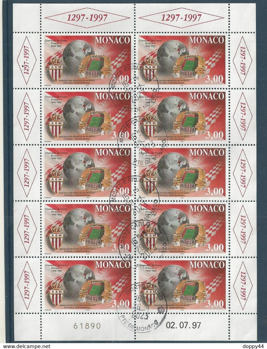 MONACO N°2126 OBLITERE EN FEUILLET DE 10  ( Légère Découpe Entre 2 Et 3 ème TP Droit) - Used Stamps