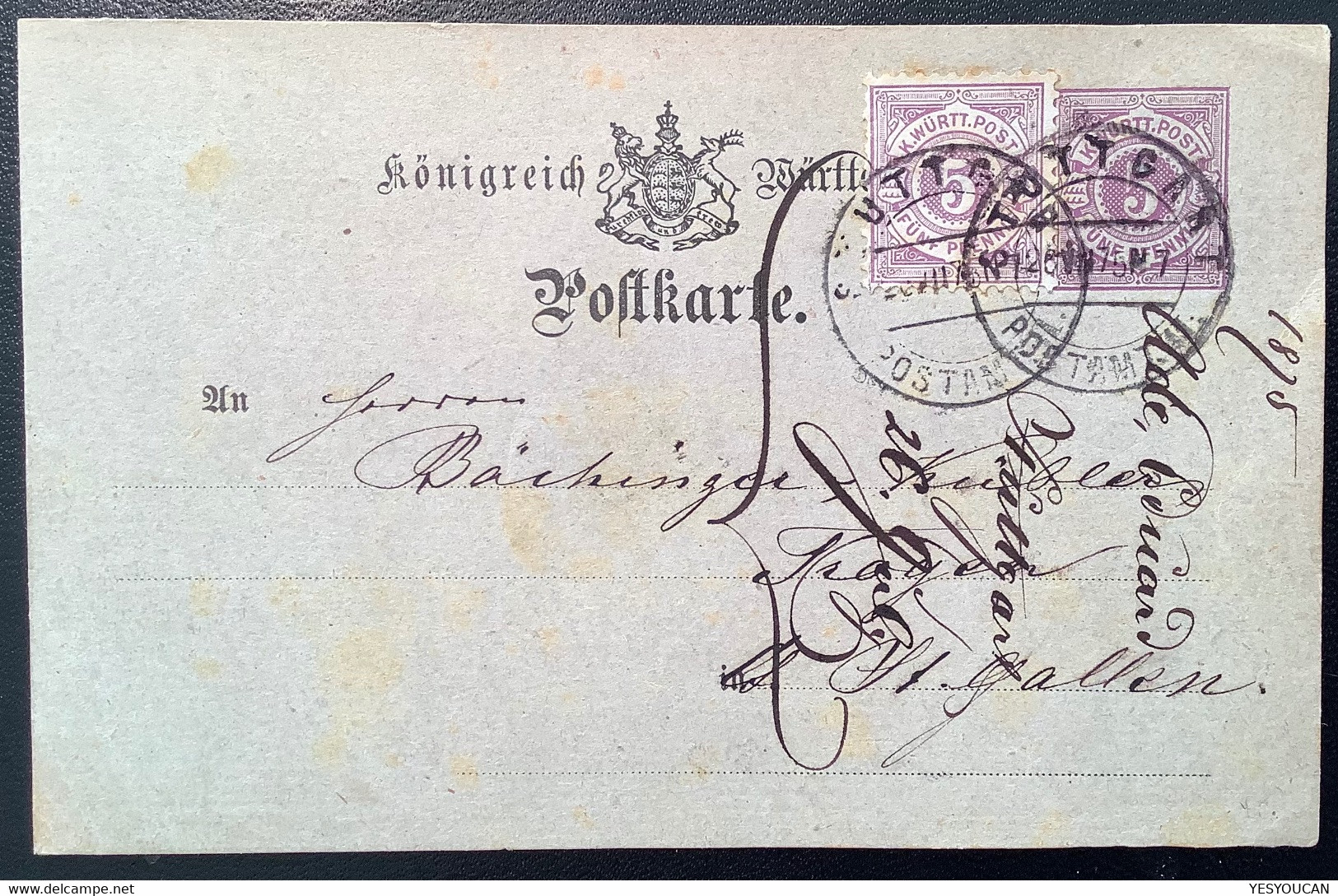 STUTTGART 26.7.1875 ! FRÜHE VERWENDUNG Mi 45a Auf Ganzsache Postkarte>St Gallen Schweiz (Württemberg UPU Brief - Postwaardestukken