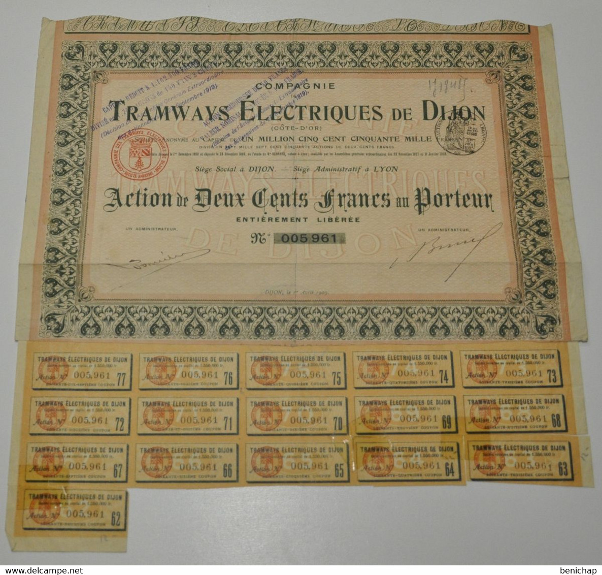 Compagnie DesTramways Electrique De Dijon - (Côte D'Or) - Action De 200 Frs. Au Porteur - Dijon 1er Avril 1909. - Railway & Tramway