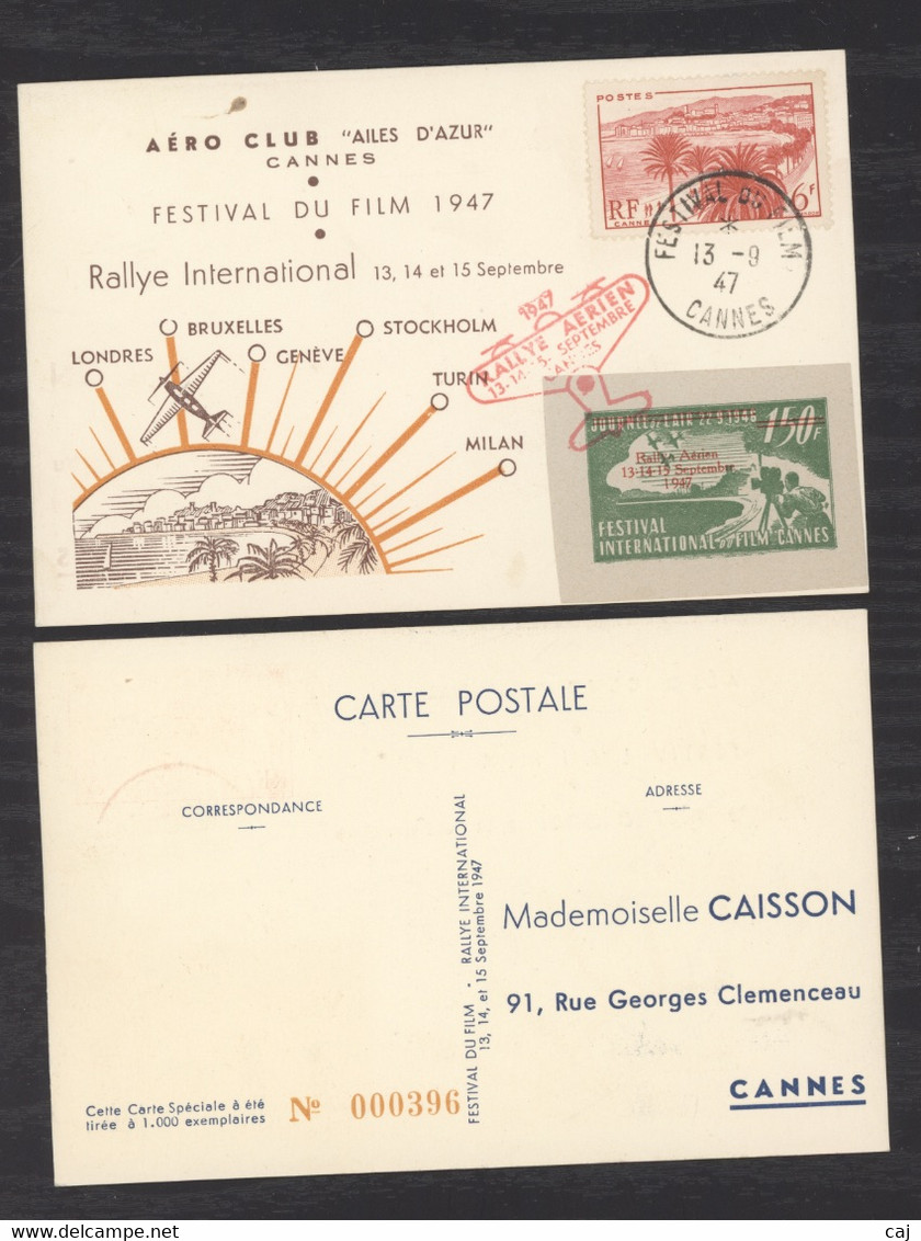 Vi  002  :  Rallye Aérien  Du Festival De Cannes  13-9-1947 Avec Vignette - Aviación