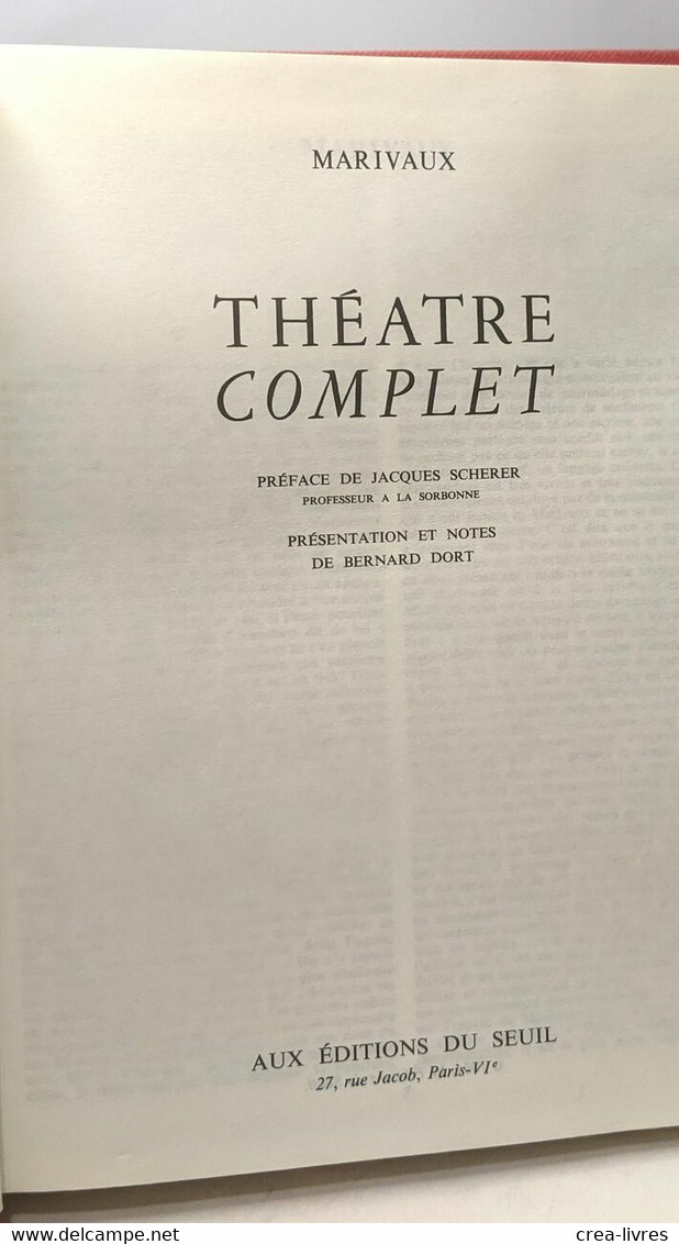 Théâtre Complet - Préface De Jacques Scherer - Présentation Et Notes De Bernard Dort - Autres & Non Classés