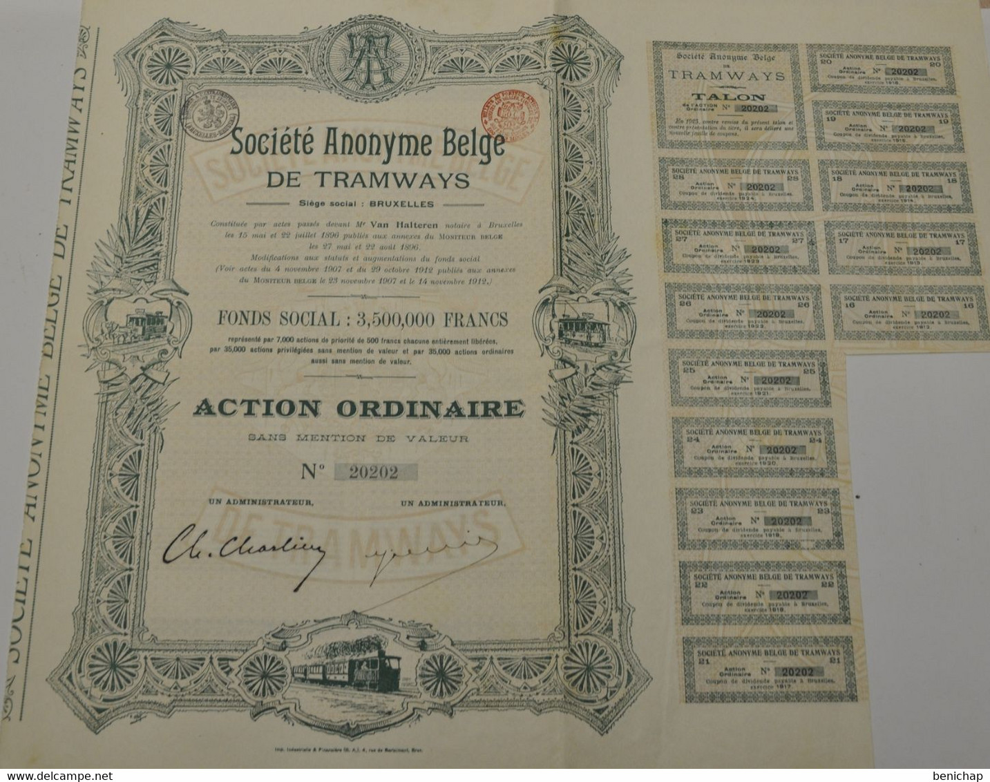 Société Anonyme Belge De Tramways - Action Ordinaire - Bruxelles 14 Novembre 1912. - Railway & Tramway