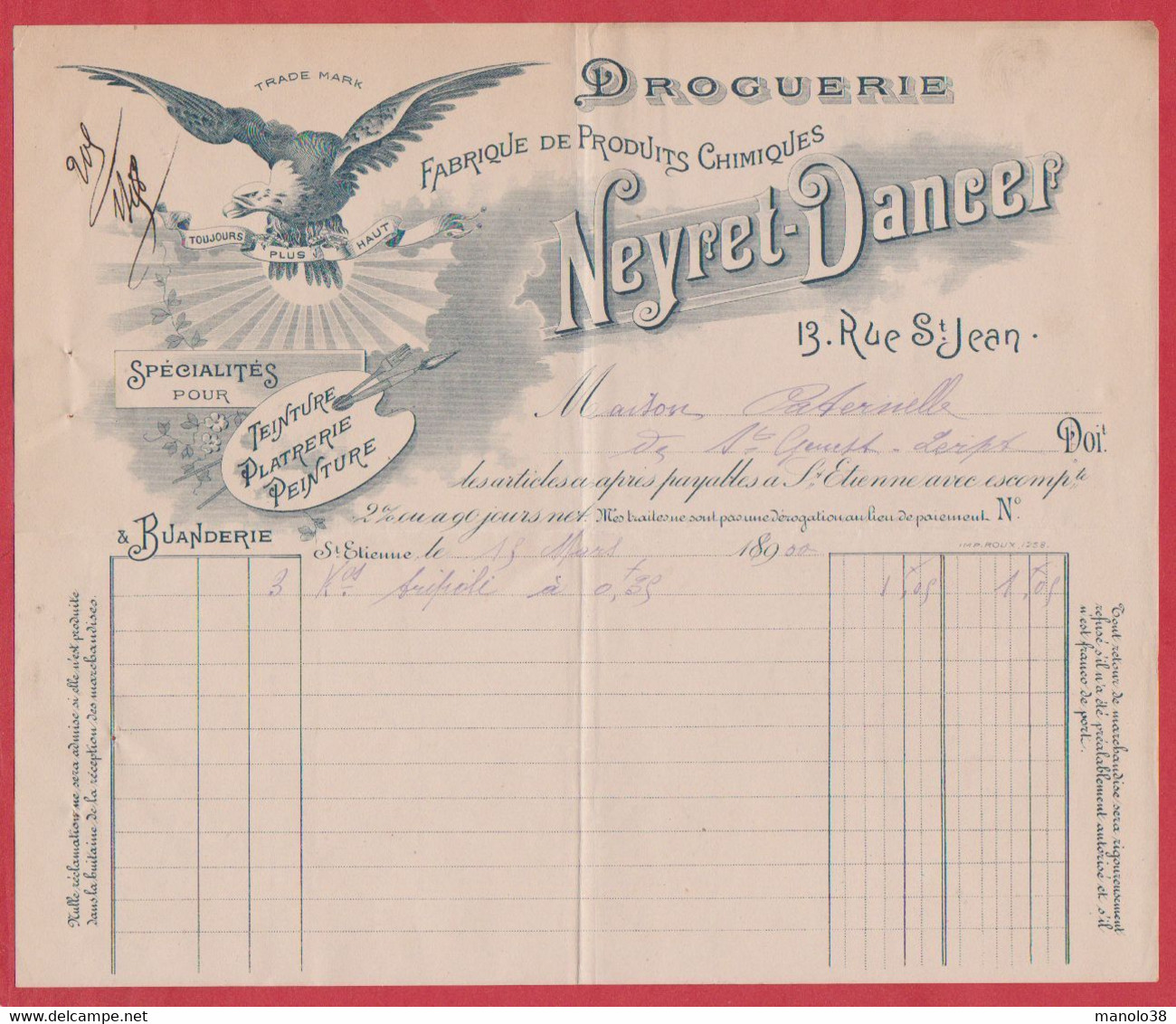 Neyret Dancer. Droguerie. Fabrique De Produits Chimiques. Saint Etienne. Loire (42). Visuel : Aigle. 1900. - Droguerie & Parfumerie
