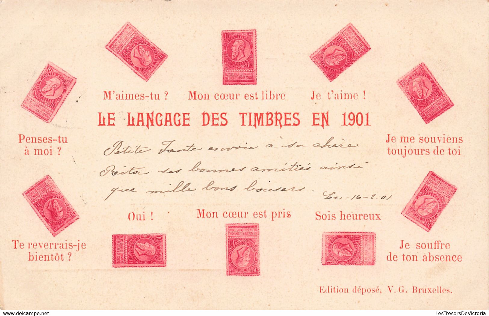 Timbre - Le Langage Des Timbres En 1901 - Edit. V.G. - Encre Ruge - Précurseur - Carte Postale Ancienne - Briefmarken (Abbildungen)