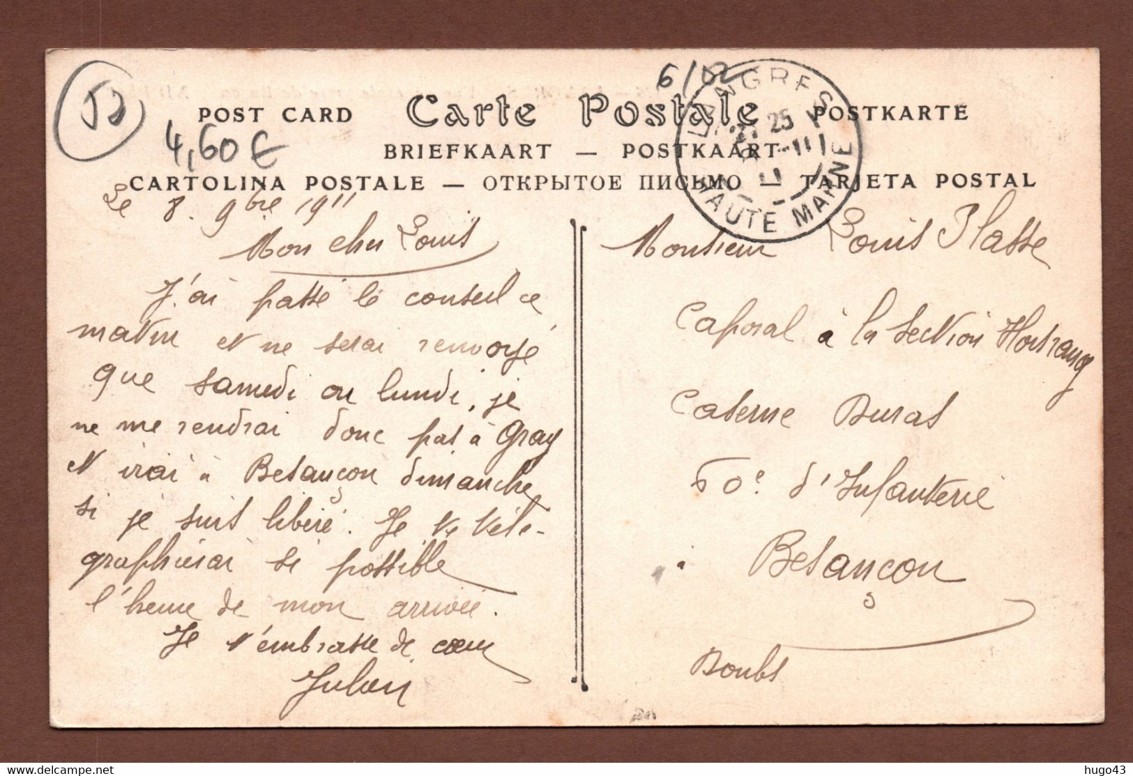 (RECTO / VERSO) LANGRES EN 1911 - N° 126 - VUE GENERALE PRISE DE BUZON - BEAU CACHET - CPA - Langres