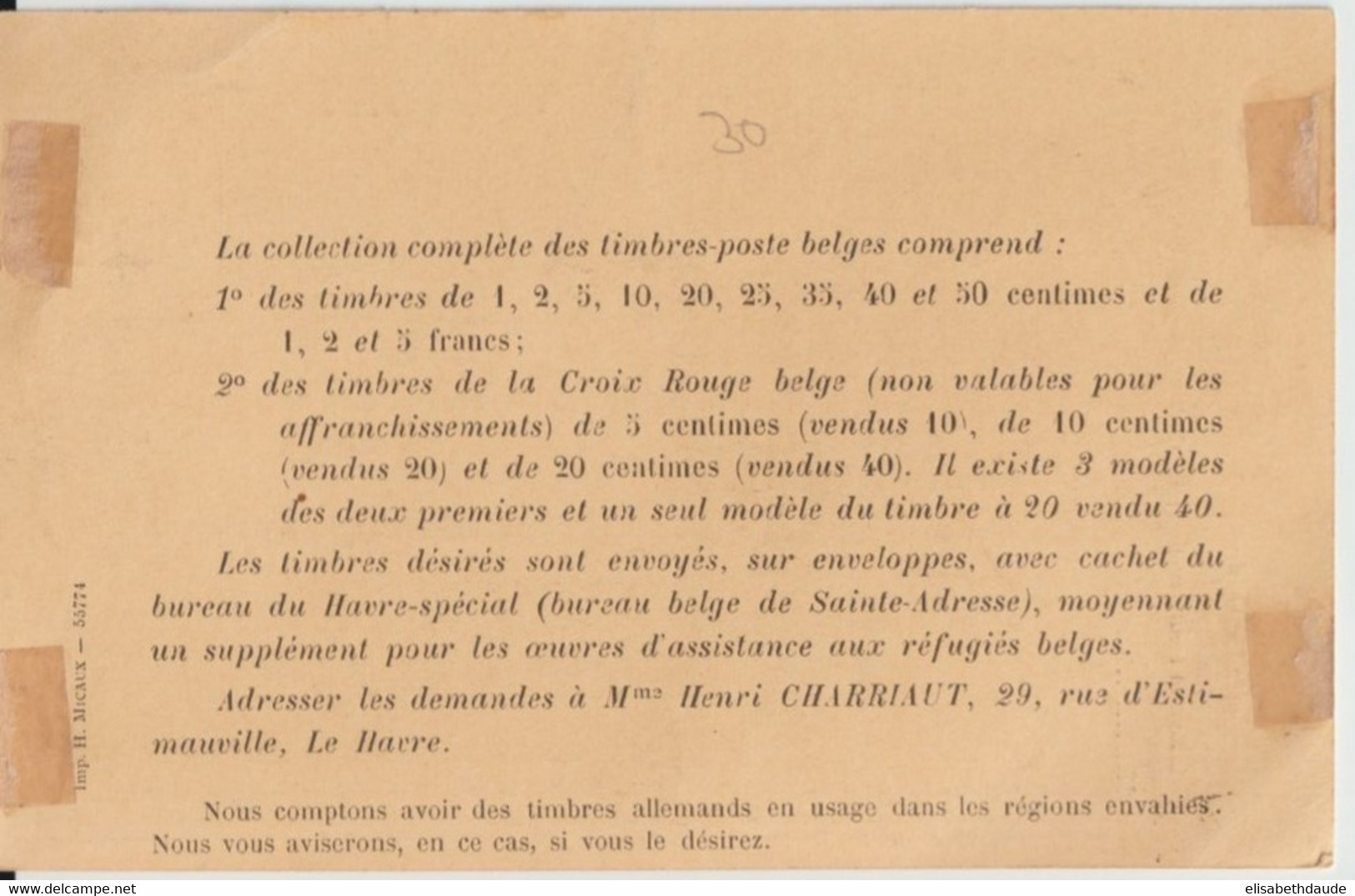 1915 - CP ENTIER Avec REPIQUAGE  VENTE TIMBRES  BELGIQUE GOUVERNEMENT En EXIL LE HAVRE (SPECIAL) - VOIR TEXTE ! - Zona Non Occupata