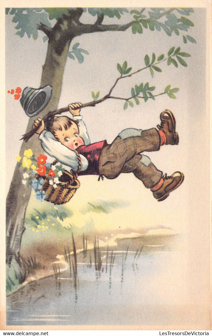 Illustration Non Signée - Enfant - Chute D'un Garçonnet D'un Arbre - Panier De Fleurs - Carte Postale Ancienne - Sonstige & Ohne Zuordnung