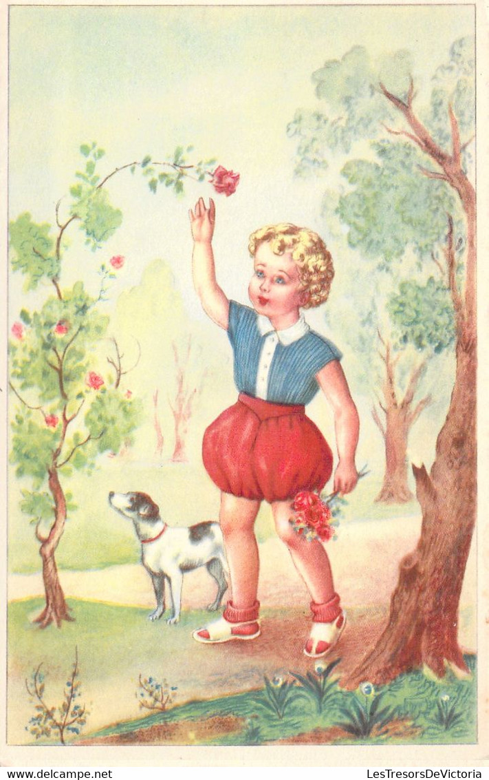 Illustration Non Signée - Enfant - Fille Cueillant Des Fleurs Avec Son Chien Sur Arbuste - Carte Postale Ancienne - Sonstige & Ohne Zuordnung