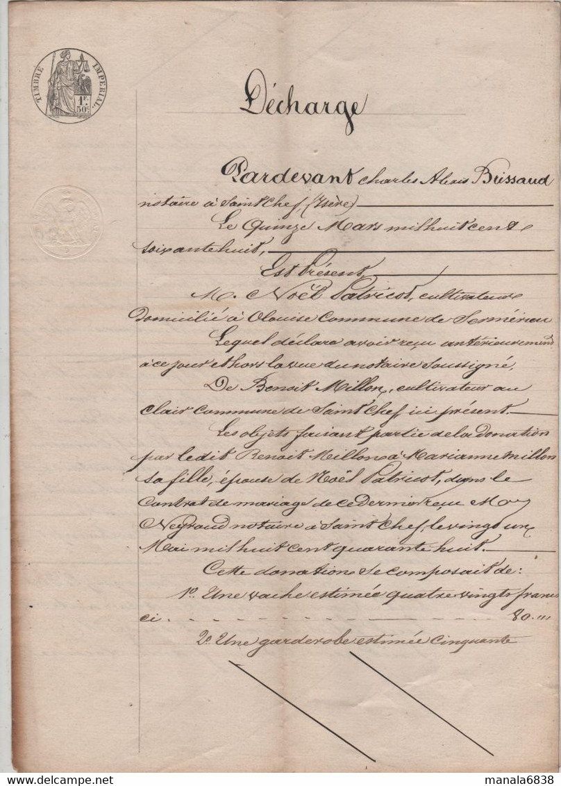 Décharge 1868 Patricot Olouise Sermérieu Millon Saint Chef - Manuscripten