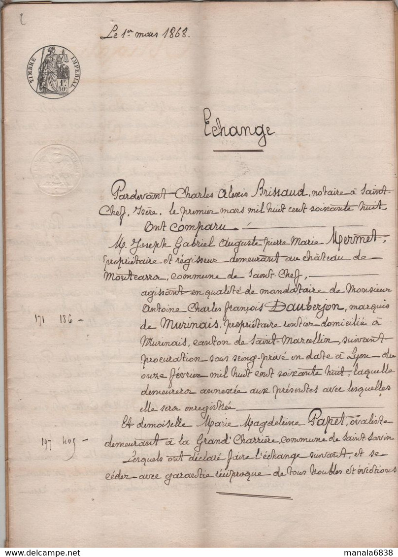 Echange 1868 Mermet Montcarra Dauberjon Marquis De Murinais Papet La Grand Charrière Saint Savin - Manuscrits