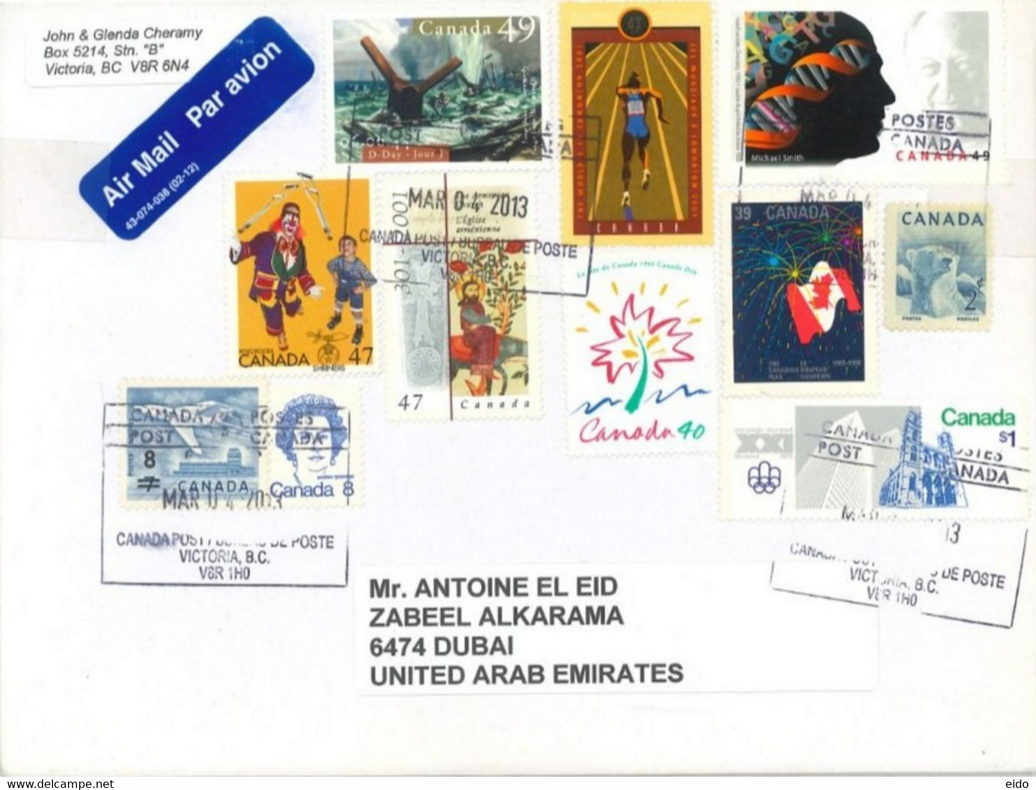 CANADA - 2013 - STAMPS  COVER TO DUBAI. - Luchtpost