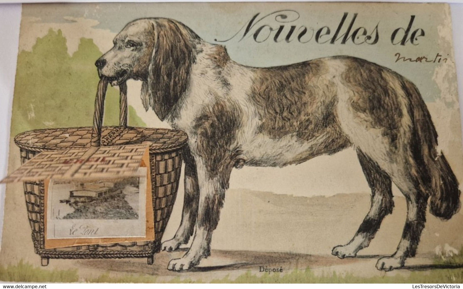 FANTAISIE à Système - Nouvelles De - Chien Et Son Panier En Osier Qui S'ouvre - Carte Postale Ancienne - Móviles (animadas)