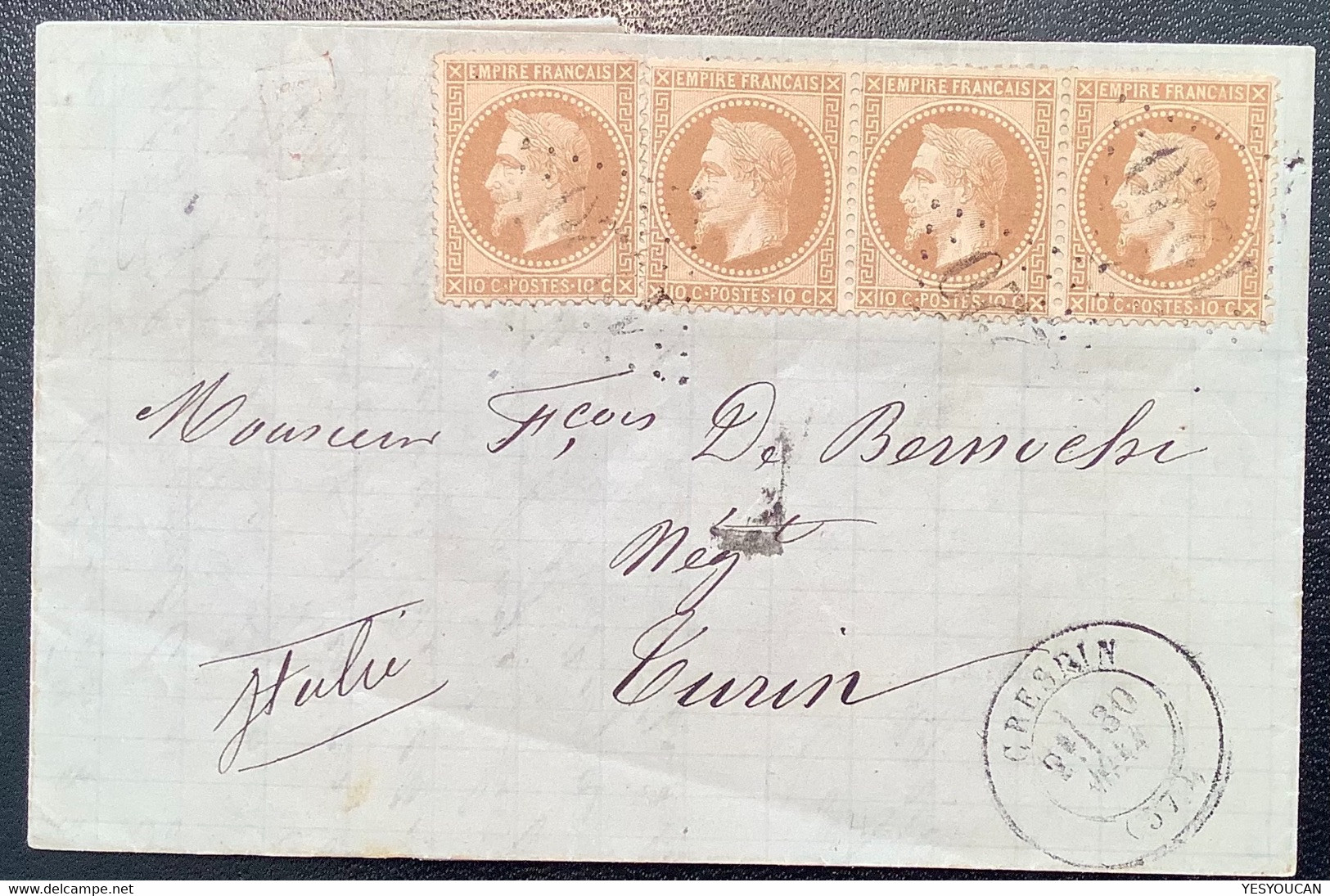 France CRESPIN NORD 1871 SANS L’ ANNÉE ! +GC1220 Empire Laurée 10c Lettre>Torino Italie (Italia Lettera Cover Italy - 1849-1876: Période Classique