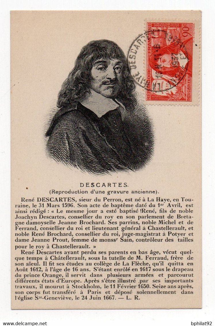 !!! CARTE MAXIMUM DESCARTES DISCOURS DE LA METHODE CACHET DE LA HAYE DESCARTES 11/6/1937 - 1930-1939