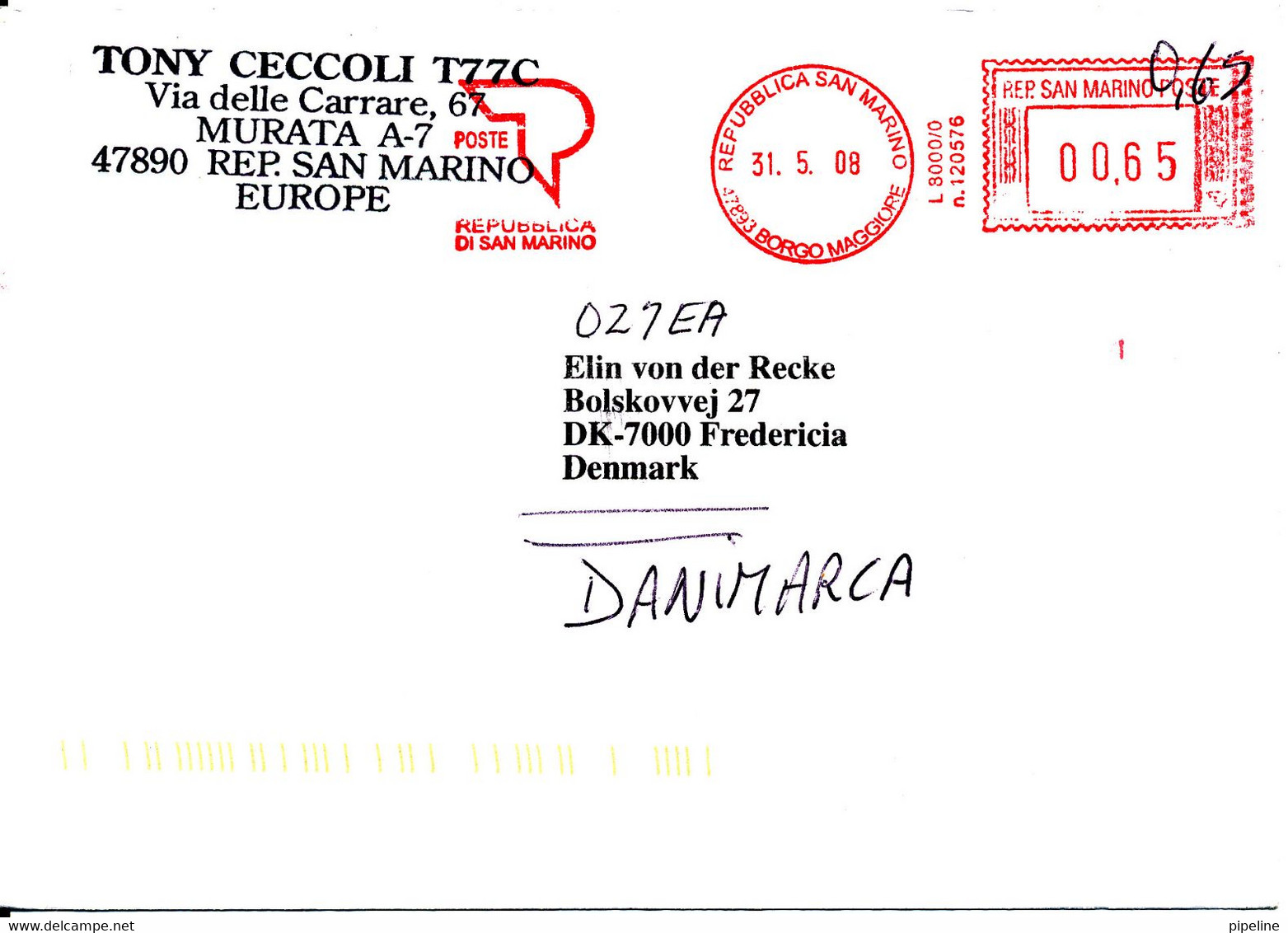 San Marino Cover With Meter Cancel Sent To Denmark 31-5-2008 (the Cover Is Bended) - Storia Postale