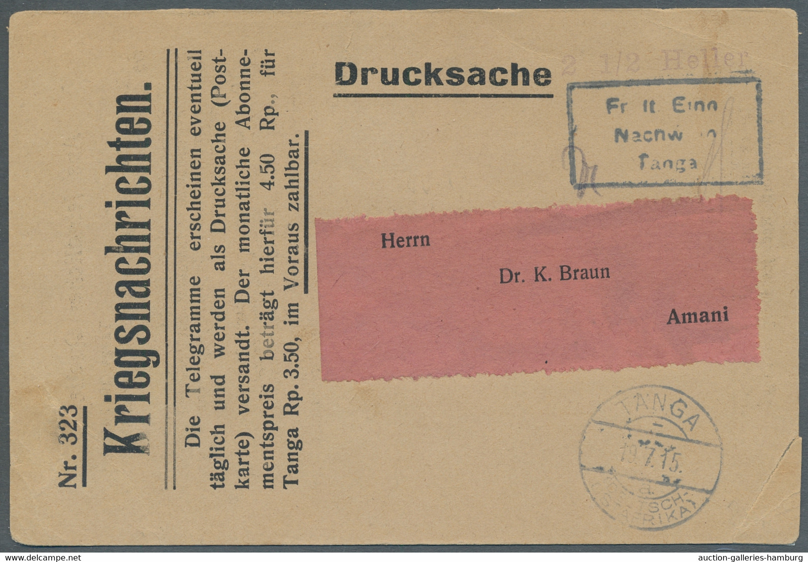 Deutsch-Ostafrika - Besonderheiten: NOTMASSNAHMEN, 1915, 19.7., "Kriegsnachricht - Duits-Oost-Afrika