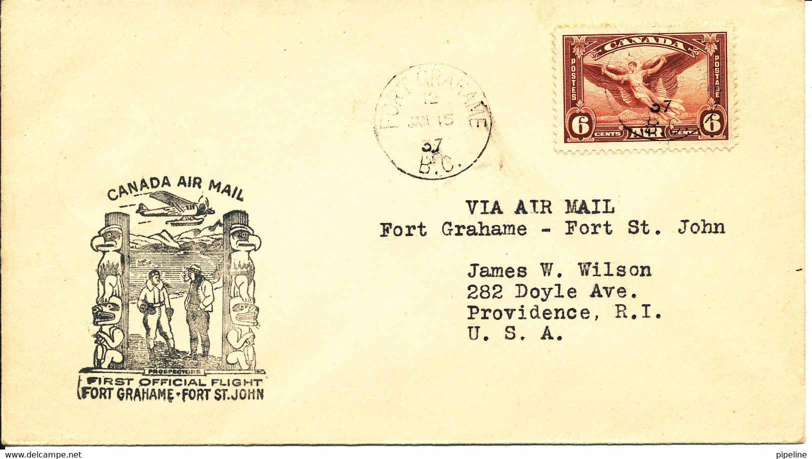 Canada Cover First Official Air Mail Flight Fort Grahame - Fort St. John, Fort Grahame 15-1-1937 - First Flight Covers