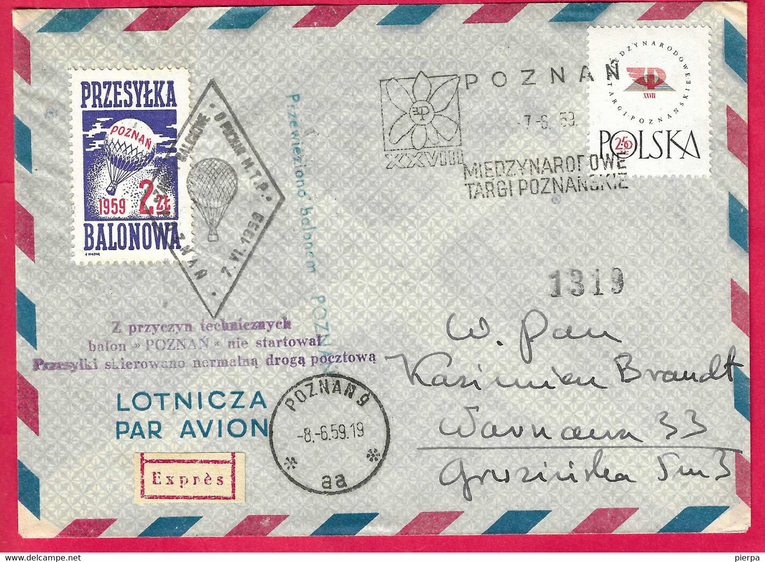 POLAND - 1959 - PRZESYLKA BALONOWA - WARSZAWA*8.6.59* ON EXPRESS ENVELOPE TO POZNAN - Ballonpost