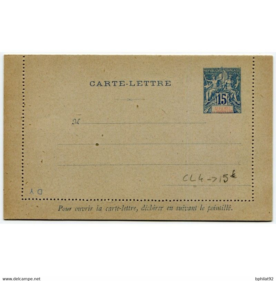 !!! ST PIERRE & MIQUELON : TYPE GROUPE 15C ENTIER POSTAL CARTE LETTRE CL4 NEUVE - Postal Stationery