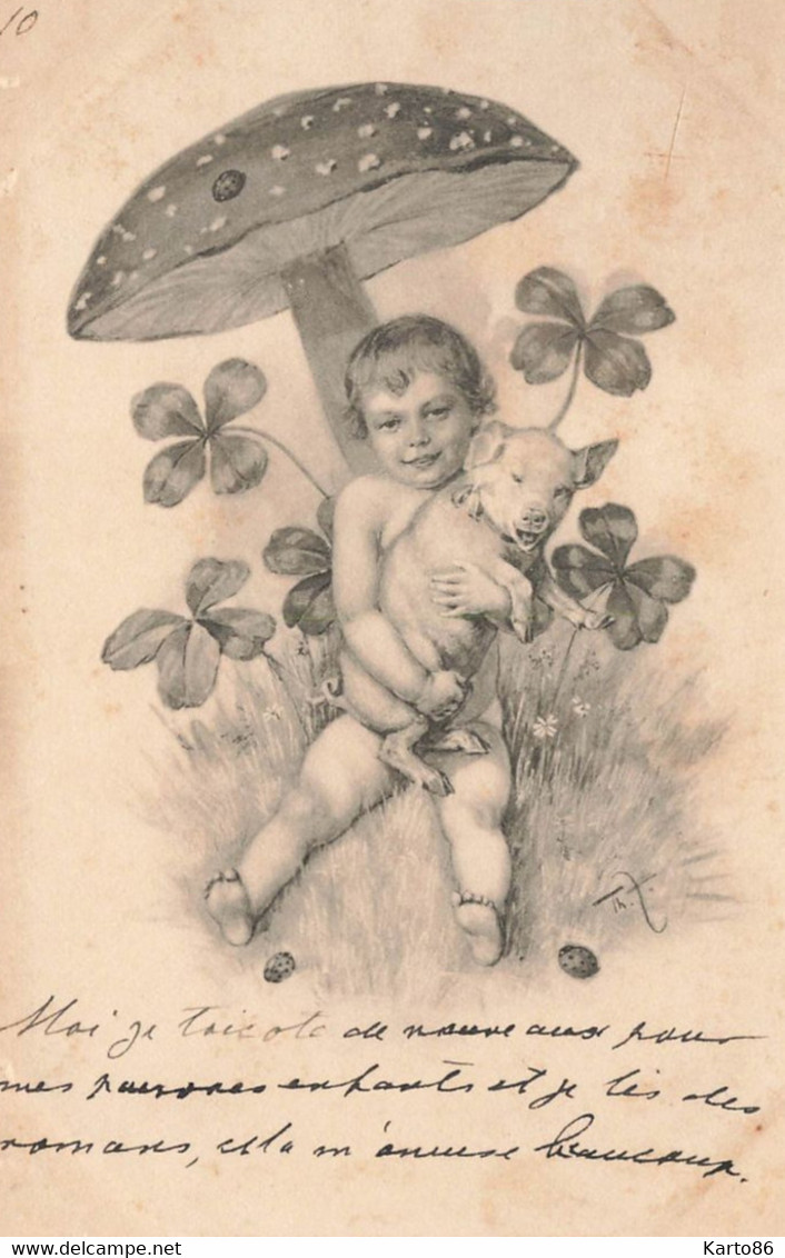 Enfant , Cochon Et Champignon * CPA Illustrateur * Pig Trèfle 4 Feuilles Porte Bonheur Viennoise * Mushroom Champignons - Mushrooms
