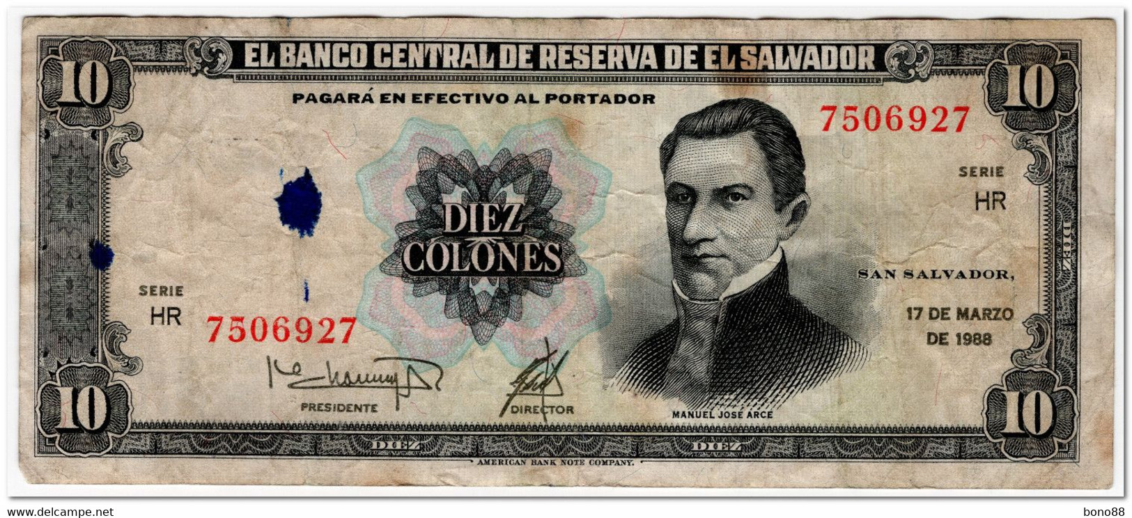 EL SALVADOR,10 COLONES,1988,P.135b,INK SPOTS - El Salvador