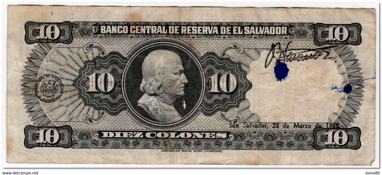 EL SALVADOR,10 COLONES,1988,P.135b,INK SPOTS - El Salvador